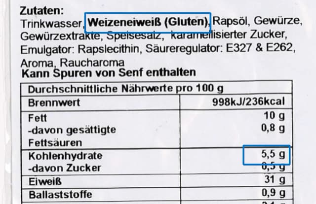 Abb. 3: Zutatenverzeichnis mit Weizeneiweiß